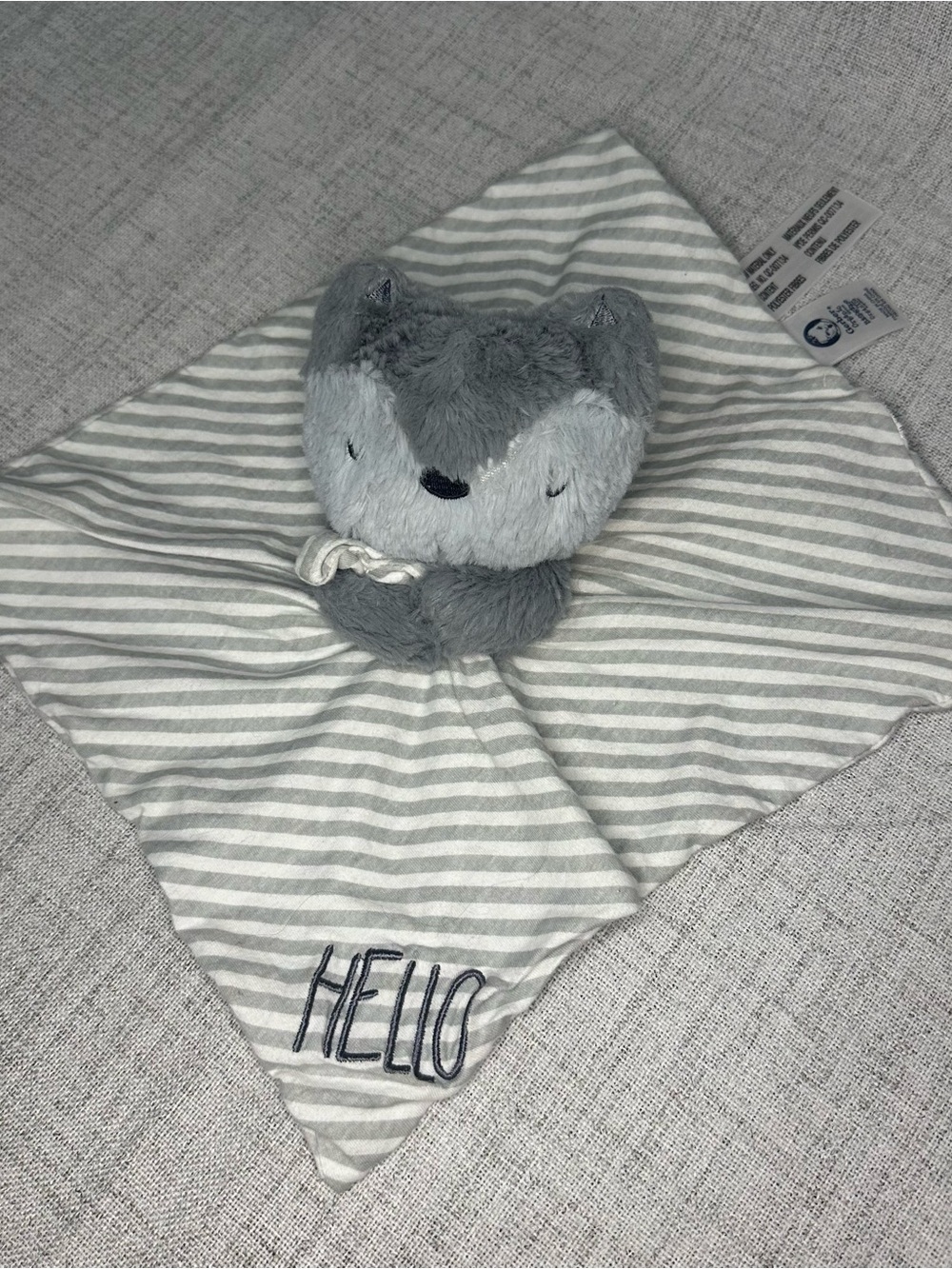 Gerber Organics HELLO Fox Lovey Baby Blanket Gray White Security Striped